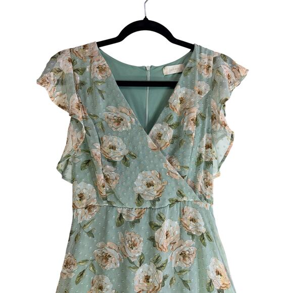 Altar’d State Green Floral Midi Dress Ruffle Sleeve V Neck No Belt - Picture 3 of 10